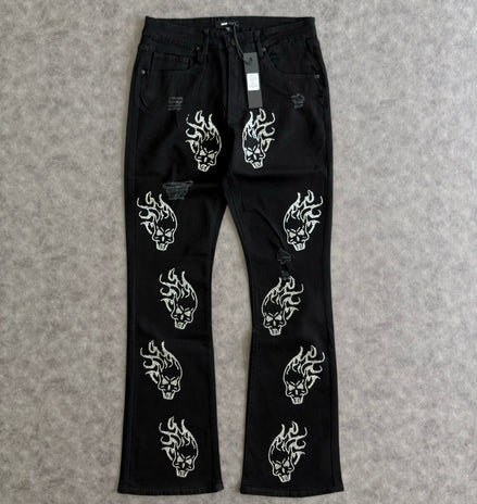 Skulls Jeweled Distressed Stacked Flare Pants