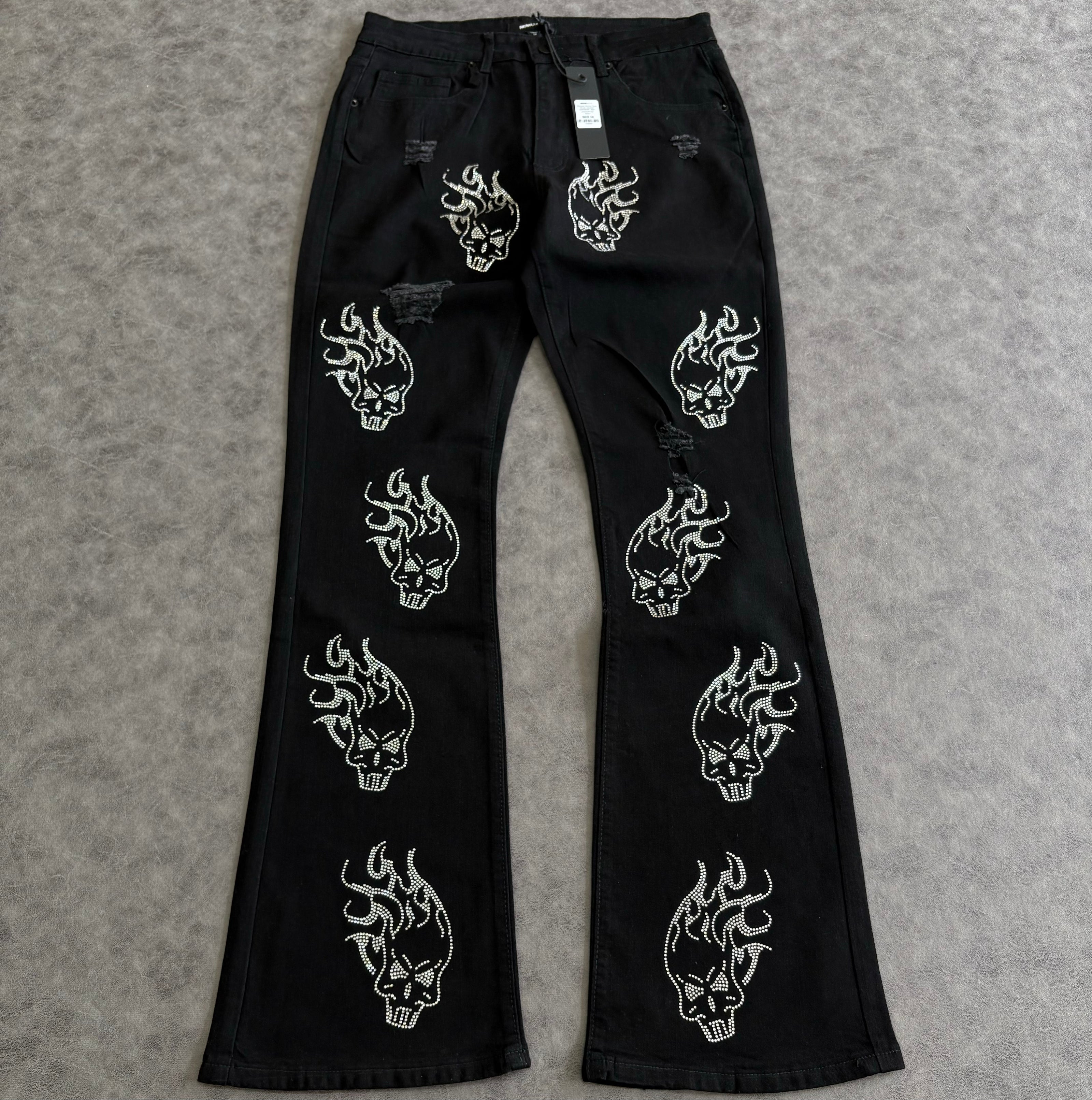Skulls Jeweled Distressed Stacked Flare Pants