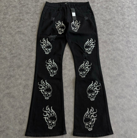 Skulls Jeweled Distressed Stacked Flare Pants