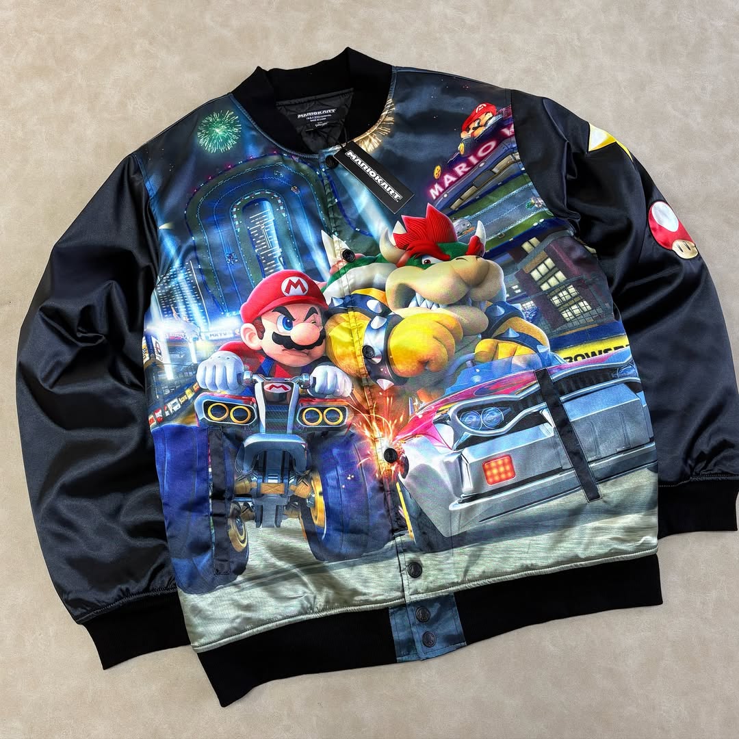 MARIO KART™ BLACK SATIN VARSITY JACKET