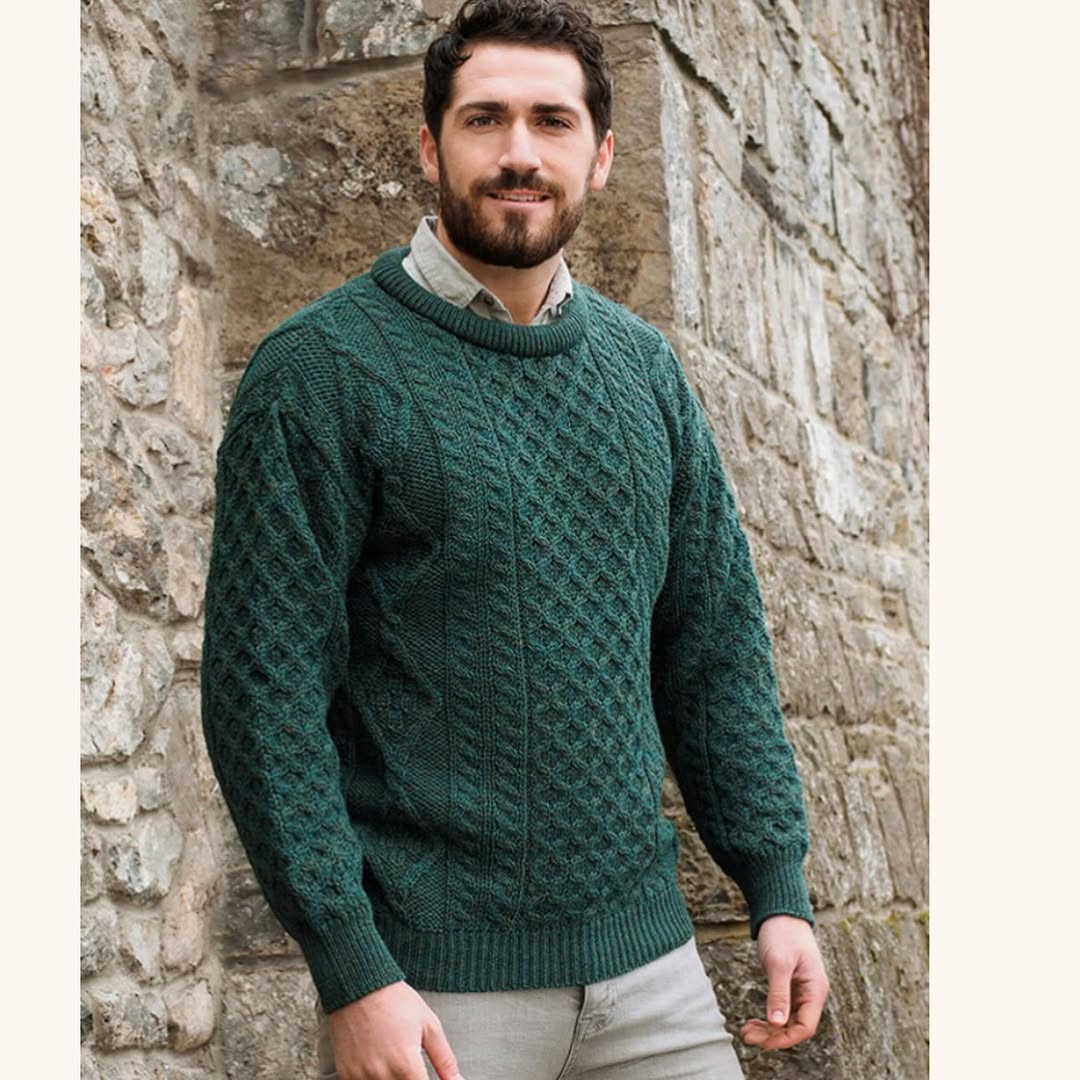 Aran Sweater Cable Knit Crew Neck Aran Wool