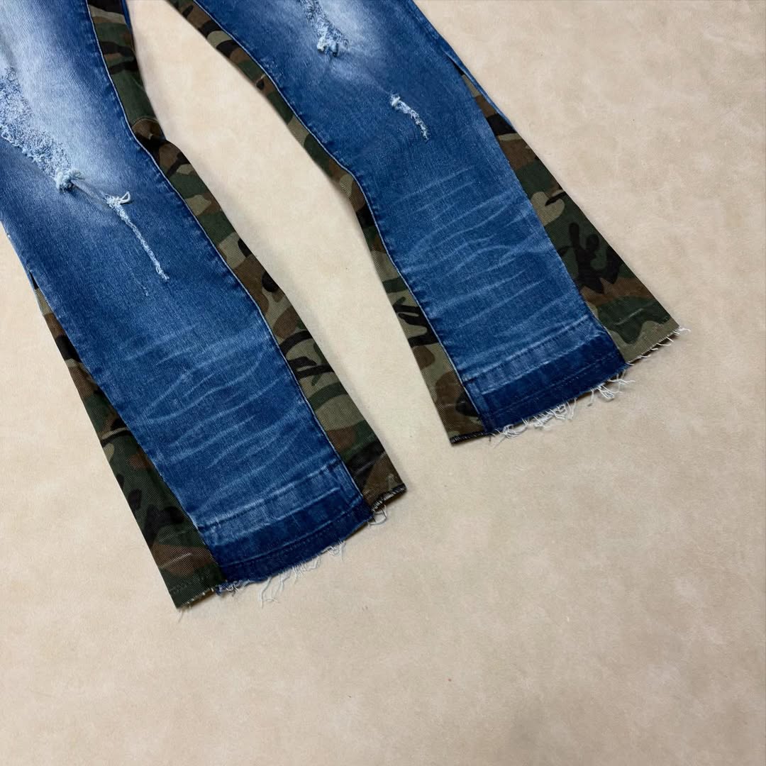 Flared Ripped Bleached Camo Gusset Jeans