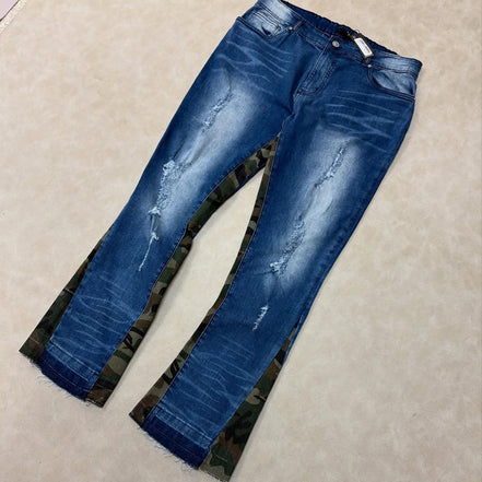 Flared Ripped Bleached Camo Gusset Jeans