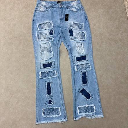Slim Flared Stacked Rip & Repair Stitch Jeans