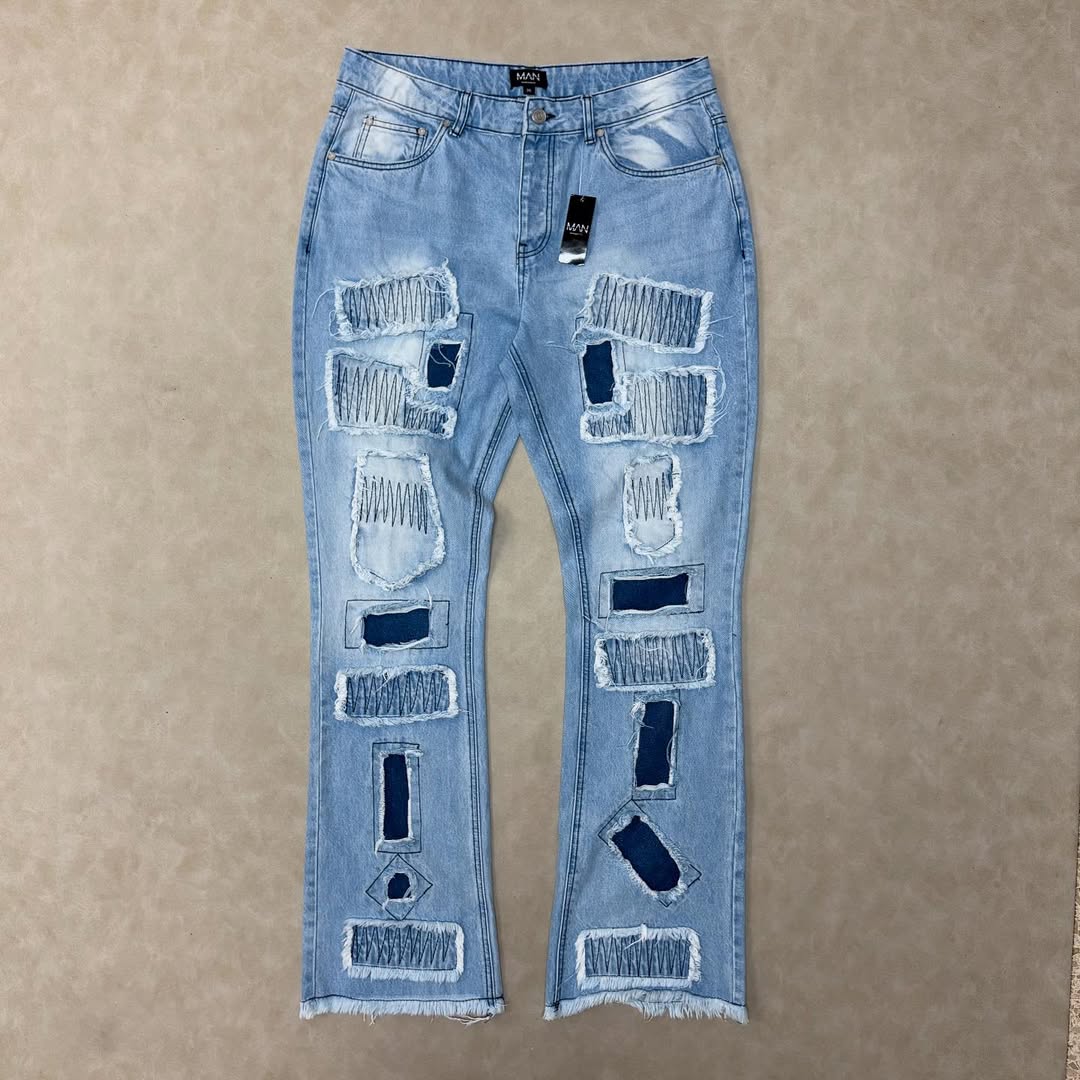 Slim Flared Stacked Rip & Repair Stitch Jeans