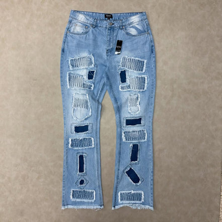 Slim Flared Stacked Rip & Repair Stitch Jeans