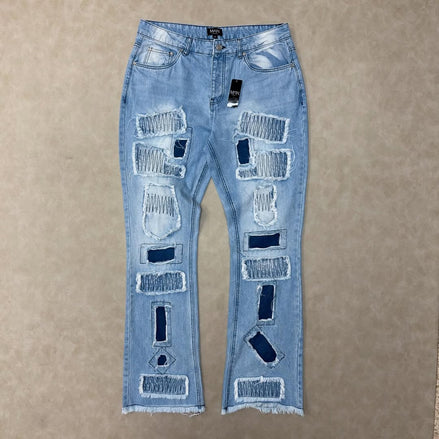Slim Flared Stacked Rip & Repair Stitch Jeans