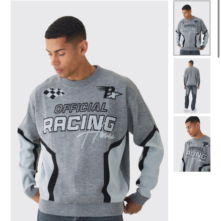 Oversized Boxy Moto Racing Knitted Sweater