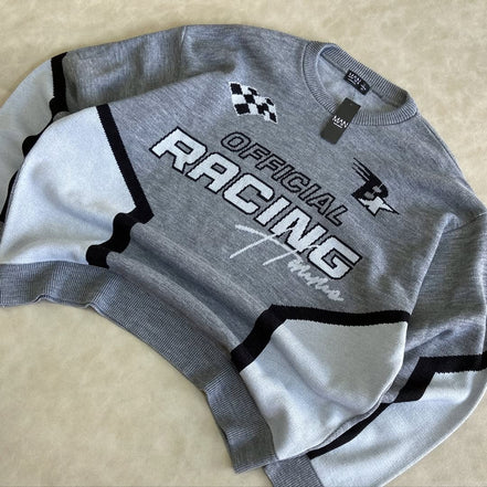 Oversized Boxy Moto Racing Knitted Sweater