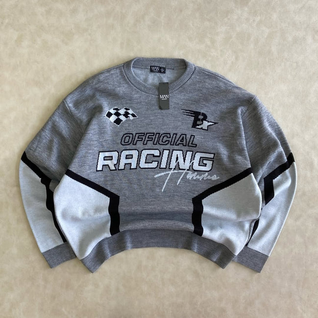 Oversized Boxy Moto Racing Knitted Sweater
