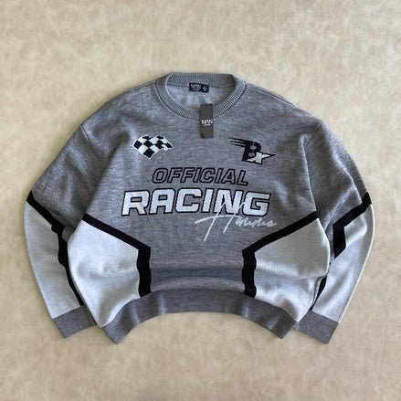 Oversized Boxy Moto Racing Knitted Sweater