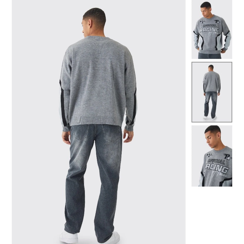 Oversized Boxy Moto Racing Knitted Sweater