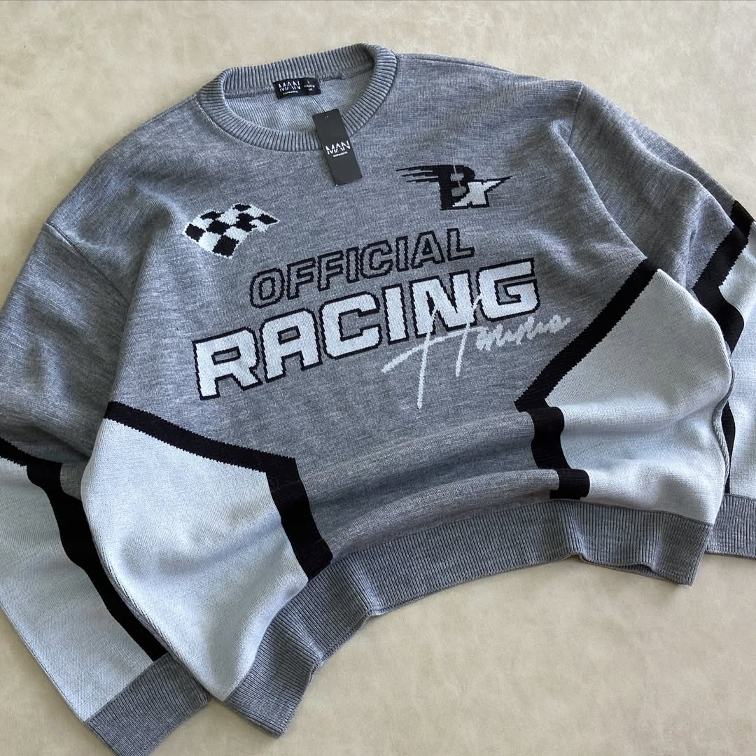 Oversized Boxy Moto Racing Knitted Sweater