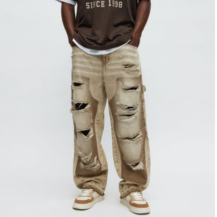 Fall Black Distressed Carpenter Baggy Denim Pants