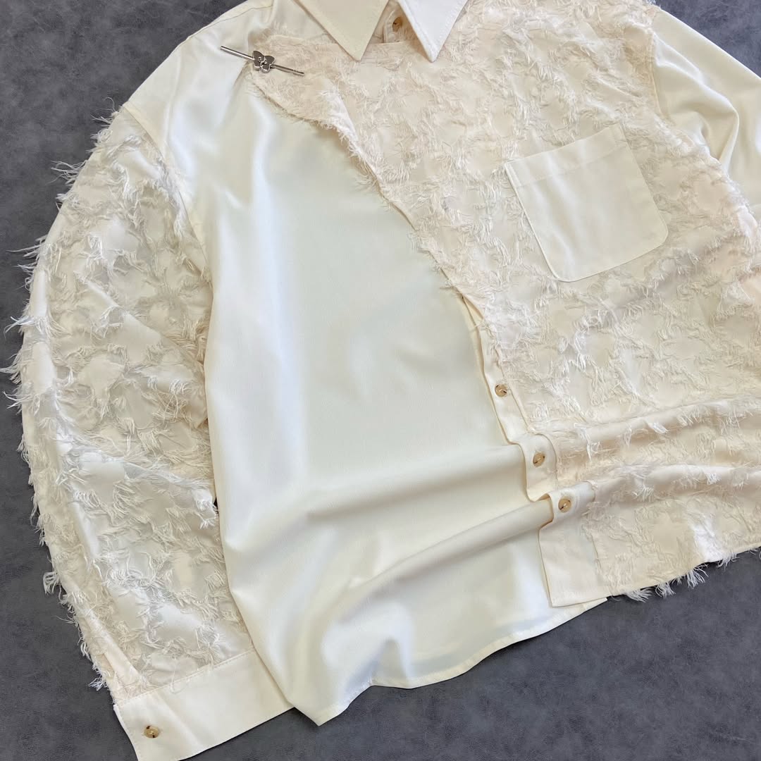 ELFRIC EDEN IRREGULAR COLOR BLOCK FRAYED LONG SLEEVE SHIRT