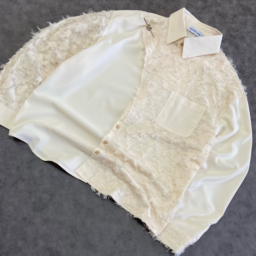 ELFRIC EDEN IRREGULAR COLOR BLOCK FRAYED LONG SLEEVE SHIRT