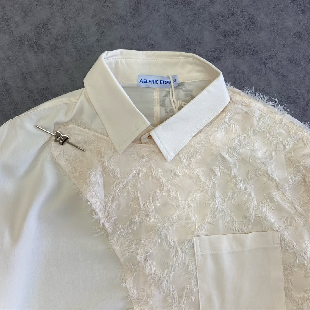 ELFRIC EDEN IRREGULAR COLOR BLOCK FRAYED LONG SLEEVE SHIRT