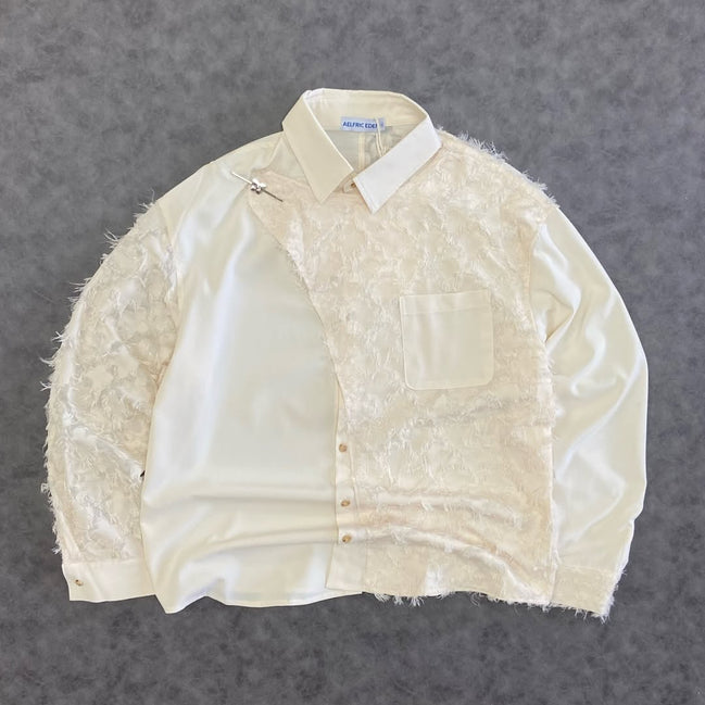 ELFRIC EDEN IRREGULAR COLOR BLOCK FRAYED LONG SLEEVE SHIRT
