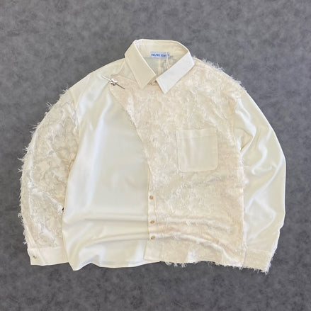 ELFRIC EDEN IRREGULAR COLOR BLOCK FRAYED LONG SLEEVE SHIRT