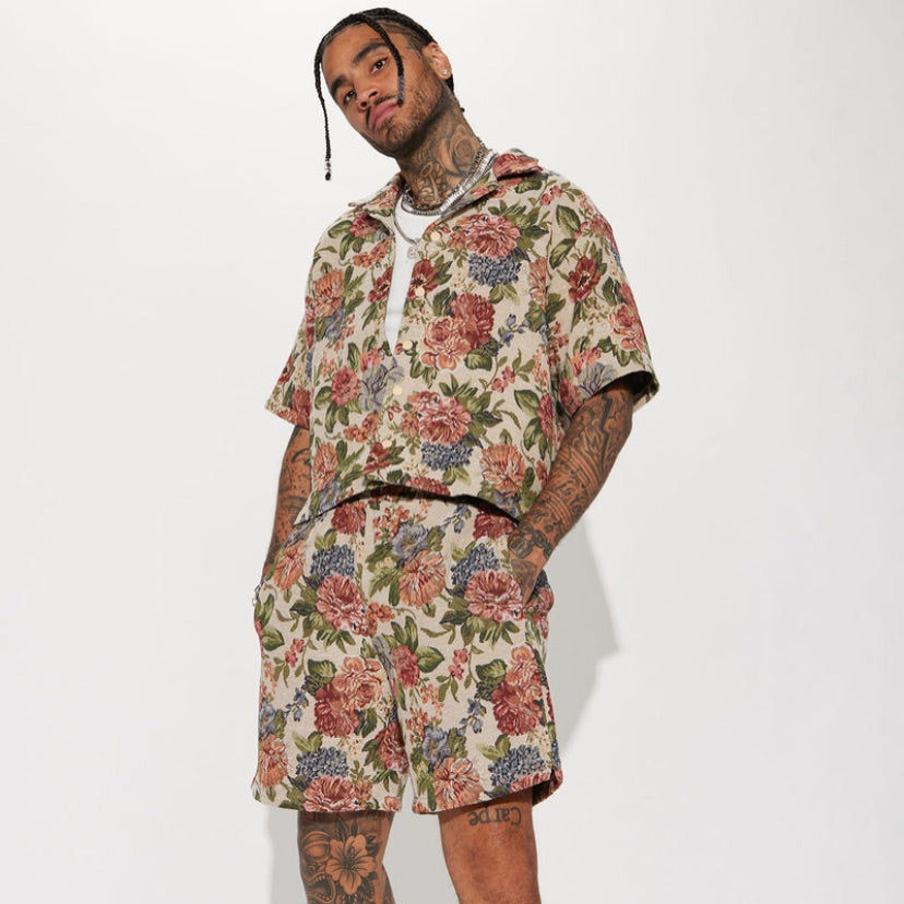 Flowers Blooming Cropped Tapestry Short Sleeve