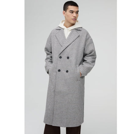 Oversized Longline Check Overcoat In Grey