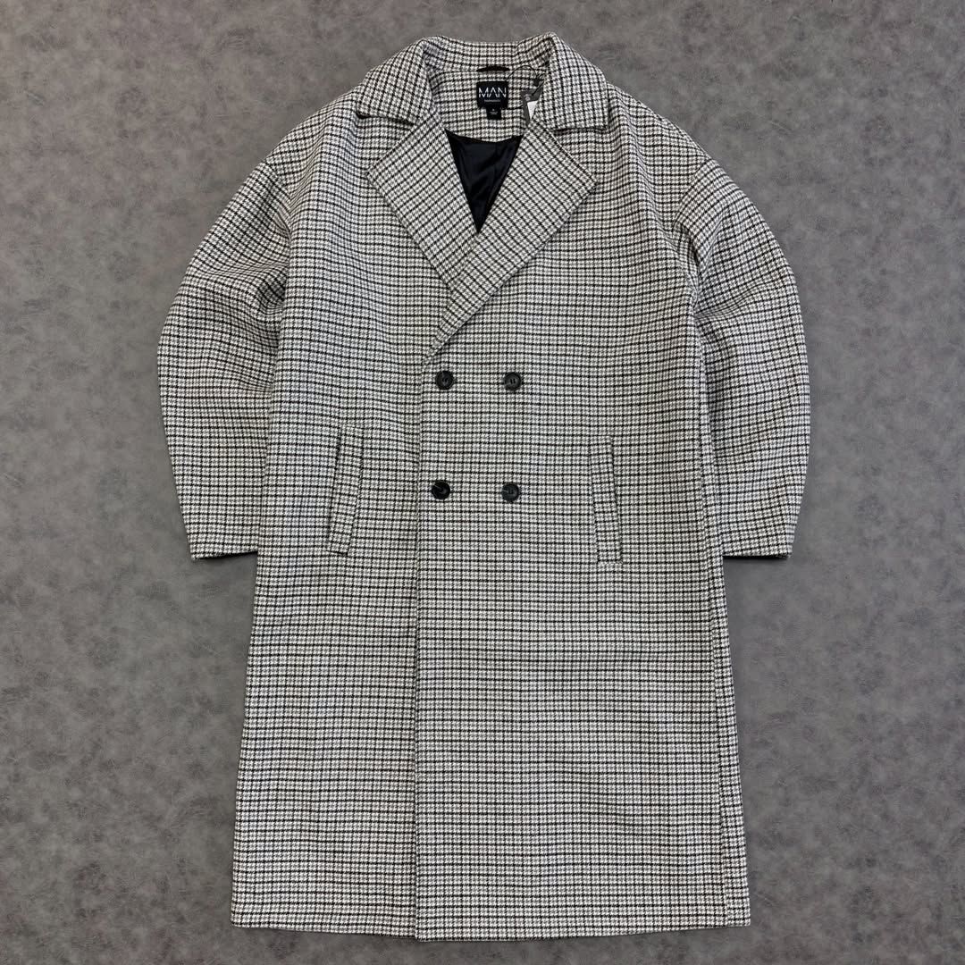 Oversized Longline Check Overcoat In Grey