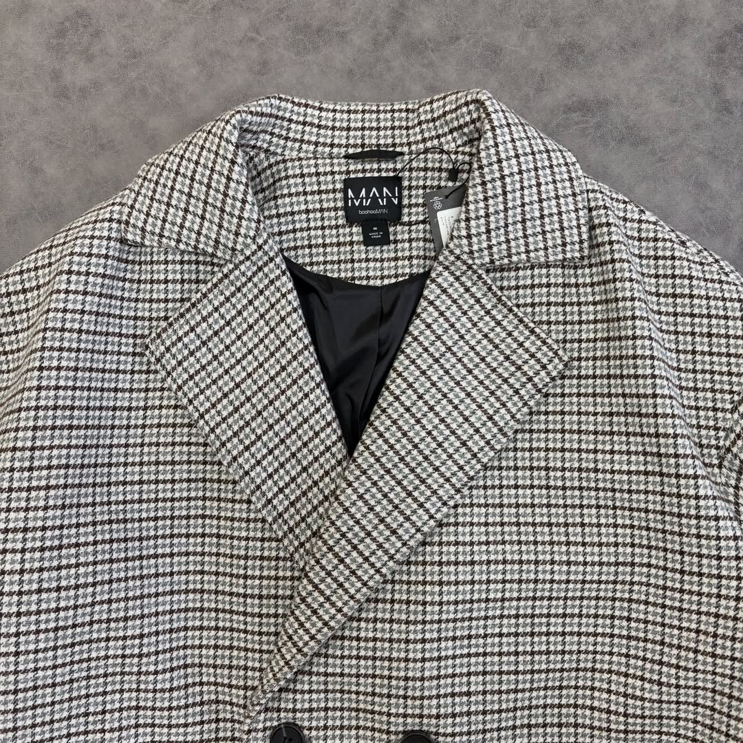 Oversized Longline Check Overcoat In Grey