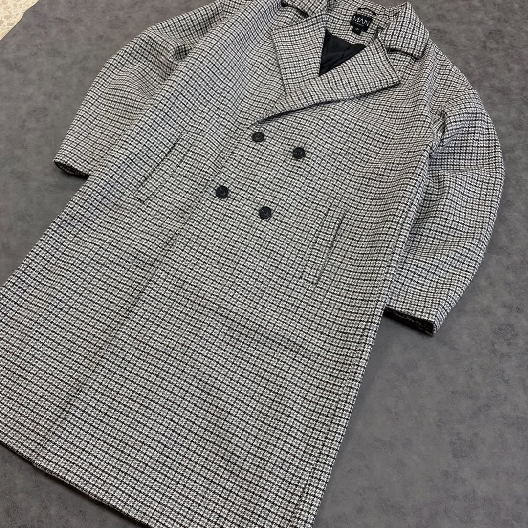 Oversized Longline Check Overcoat In Grey