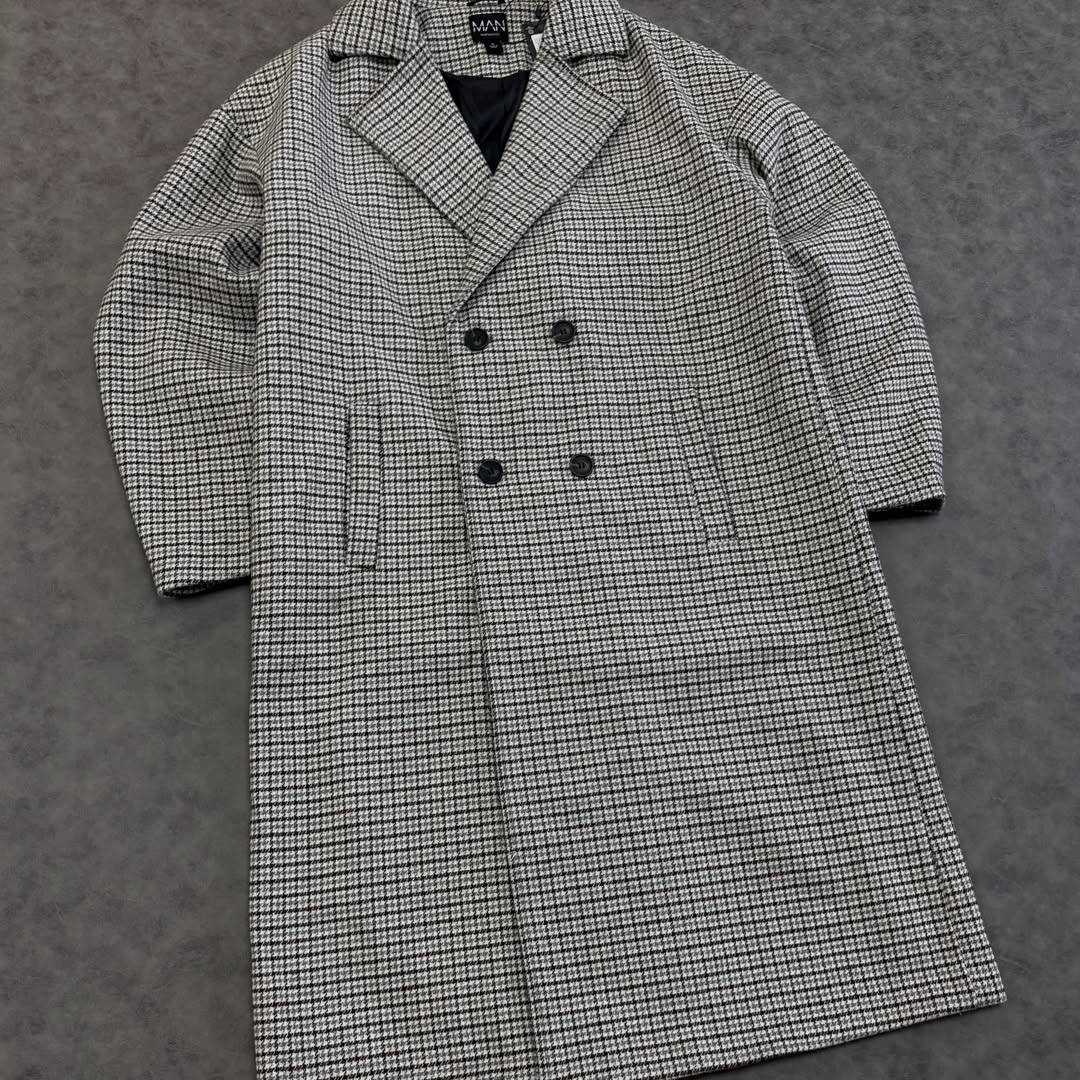 Oversized Longline Check Overcoat In Grey