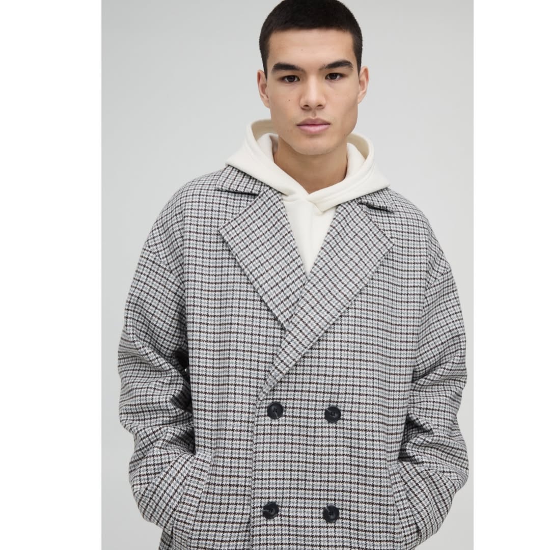 Oversized Longline Check Overcoat In Grey