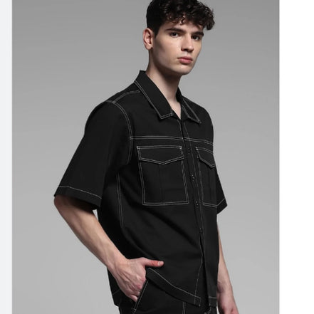 BLACK CONTRAST STITCH CO-ORD SET OVERSHIRT