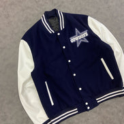 Cowboys Varsity Jacket — Navy & White Wool Body with Genuine or Faux Leather Sleeves