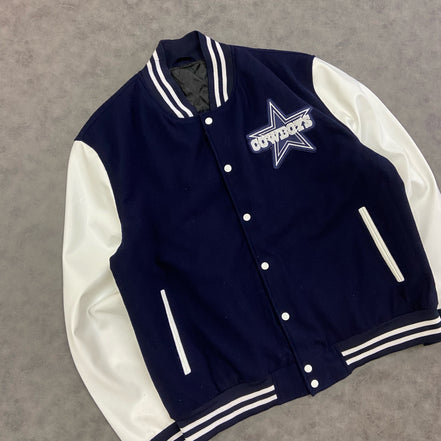 Cowboys Varsity Jacket — Navy & White Wool Body with Genuine or Faux Leather Sleeves