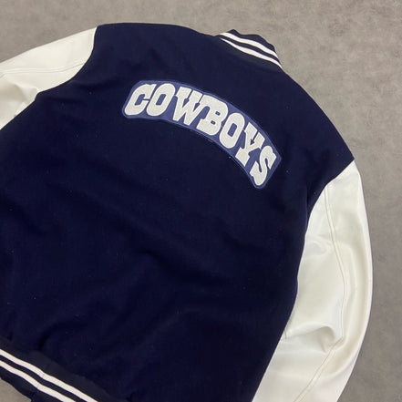 Cowboys Varsity Jacket — Navy & White Wool Body with Genuine or Faux Leather Sleeves