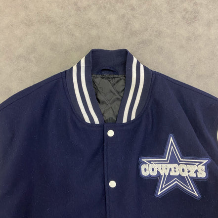 Cowboys Varsity Jacket — Navy & White Wool Body with Genuine or Faux Leather Sleeves