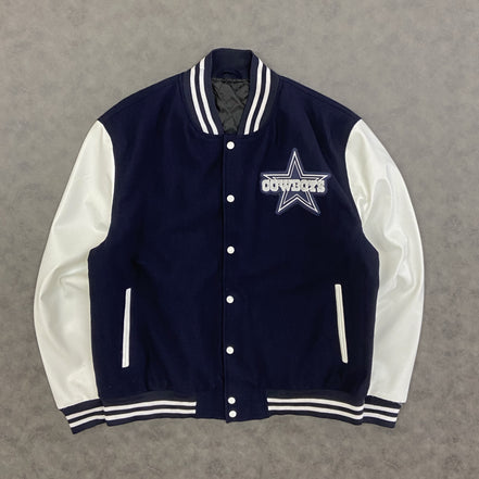 Cowboys Varsity Jacket — Navy & White Wool Body with Genuine or Faux Leather Sleeves