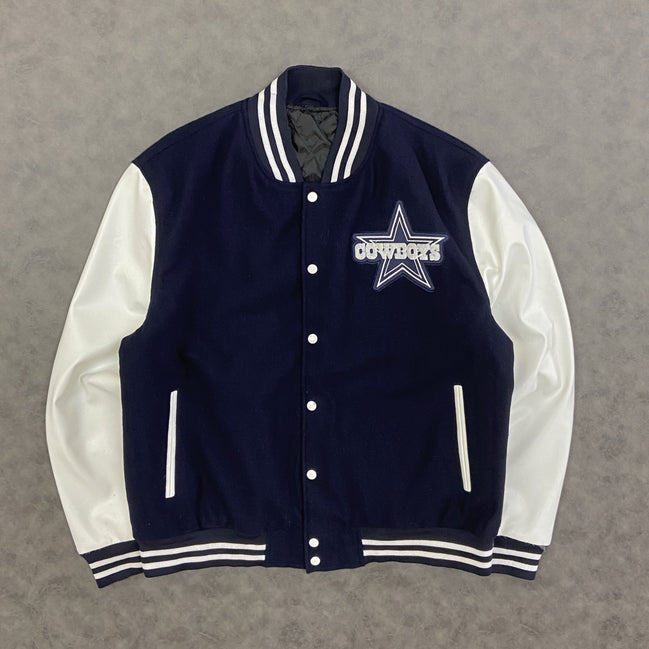Cowboys Varsity Jacket — Navy & White Wool Body with Genuine or Faux Leather Sleeves