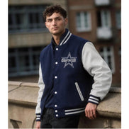 Cowboys Varsity Jacket — Navy & White Wool Body with Genuine or Faux Leather Sleeves
