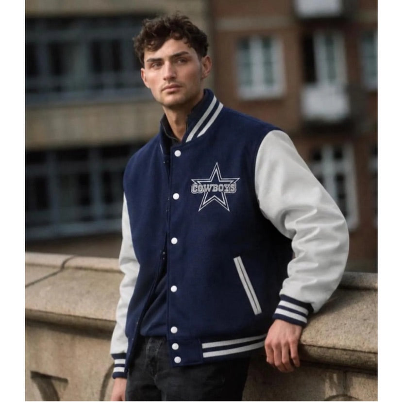 Cowboys Varsity Jacket — Navy & White Wool Body with Genuine or Faux Leather Sleeves