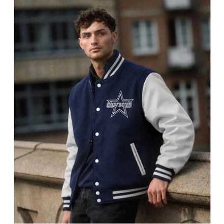 Cowboys Varsity Jacket — Navy & White Wool Body with Genuine or Faux Leather Sleeves
