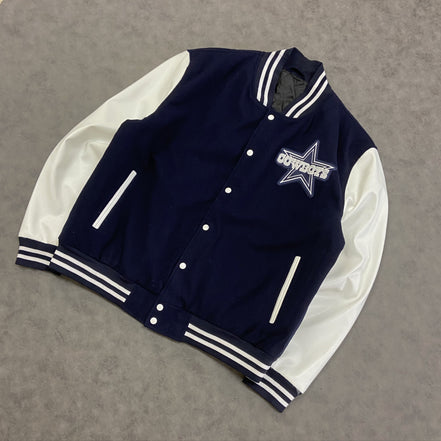 Cowboys Varsity Jacket — Navy & White Wool Body with Genuine or Faux Leather Sleeves