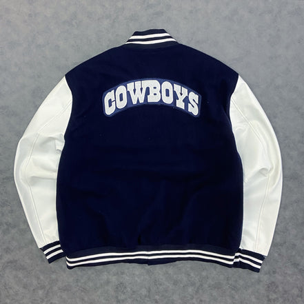 Cowboys Varsity Jacket — Navy & White Wool Body with Genuine or Faux Leather Sleeves