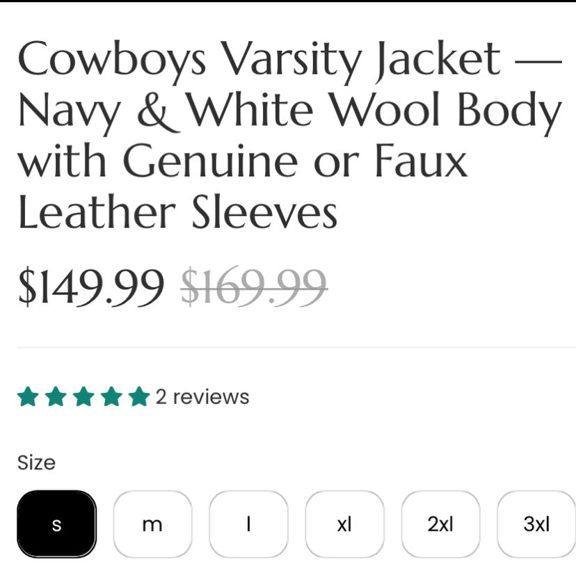 Cowboys Varsity Jacket — Navy & White Wool Body with Genuine or Faux Leather Sleeves