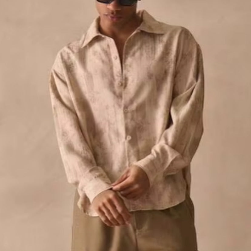 Cream Patterned Long Sleeve Oversized Boxy Button Through Shirt
