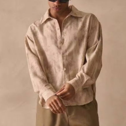 Cream Patterned Long Sleeve Oversized Boxy Button Through Shirt