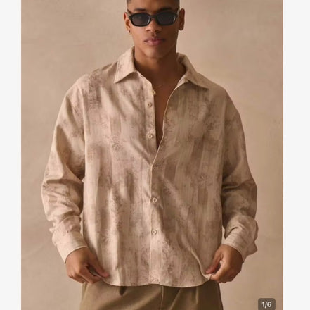 Cream Patterned Long Sleeve Oversized Boxy Button Through Shirt