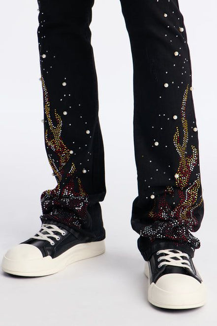 Rebel Flamed Rose Jewelwd  Stacket Flare Jeans
