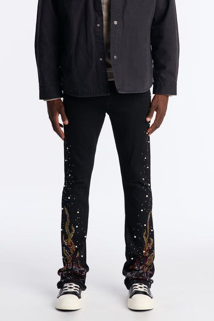 Rebel Flamed Rose Jewelwd  Stacket Flare Jeans