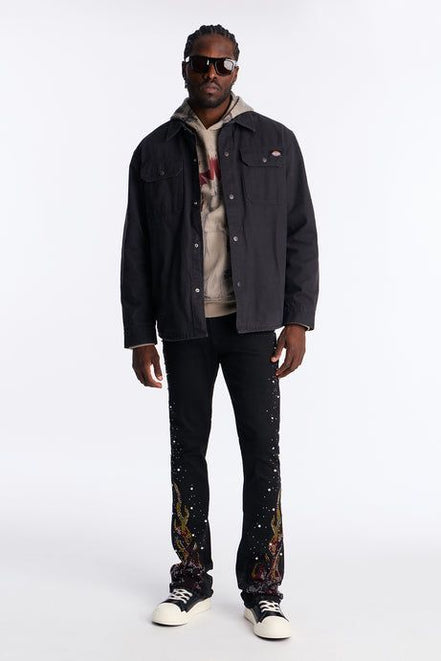 Rebel Flamed Rose Jewelwd  Stacket Flare Jeans