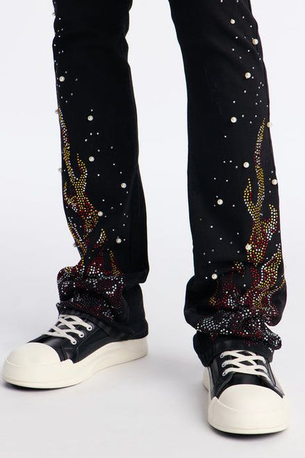 Rebel Flamed Rose Jewelwd  Stacket Flare Jeans